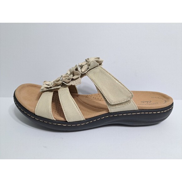 Clarks Floral Sandals Womens 7.5 Laurieann Flower Judi Beige Slip On Strappy - Picture 4 of 10